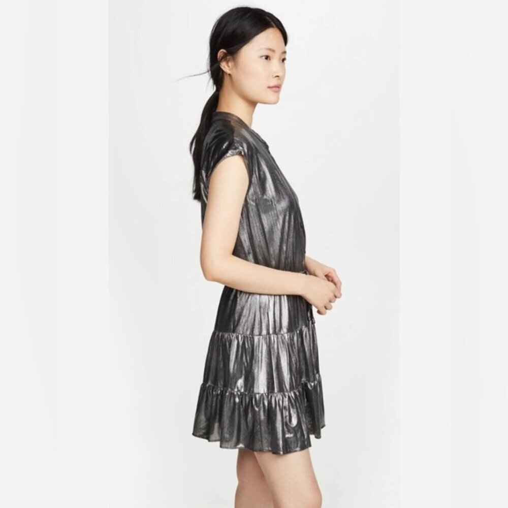 NWT REBECCA MINKOFF OLLIE Gray Silver GUNMETAL Shiny Button Mini Dress MEDIUM - Picture 2 of 16